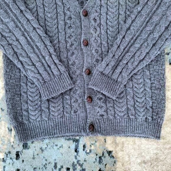LL Bean Irish Fisherman Knit Leather Cardigan Sweater 100% Wool Sz  XL Like New! - Picture 7 of 8